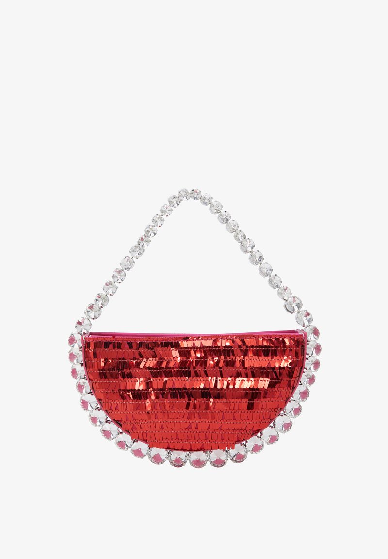 Rød paliettask med halvcirkelform, prydet med klare runde perler langs toppen. Glat indvendig foret.