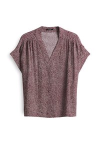 Kortærmet bluse med dyb V-udskæring i bordeaux med hvidt abstrakt print. Har blødt stof og subtile plisseringer ved skuldrene.