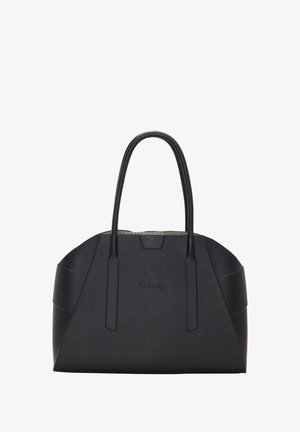 Sort tote taske med en glat, tekstureret overflade. Har to robuste håndtag og et diskret prægede logo på fronten. Forstærket bunddesign.