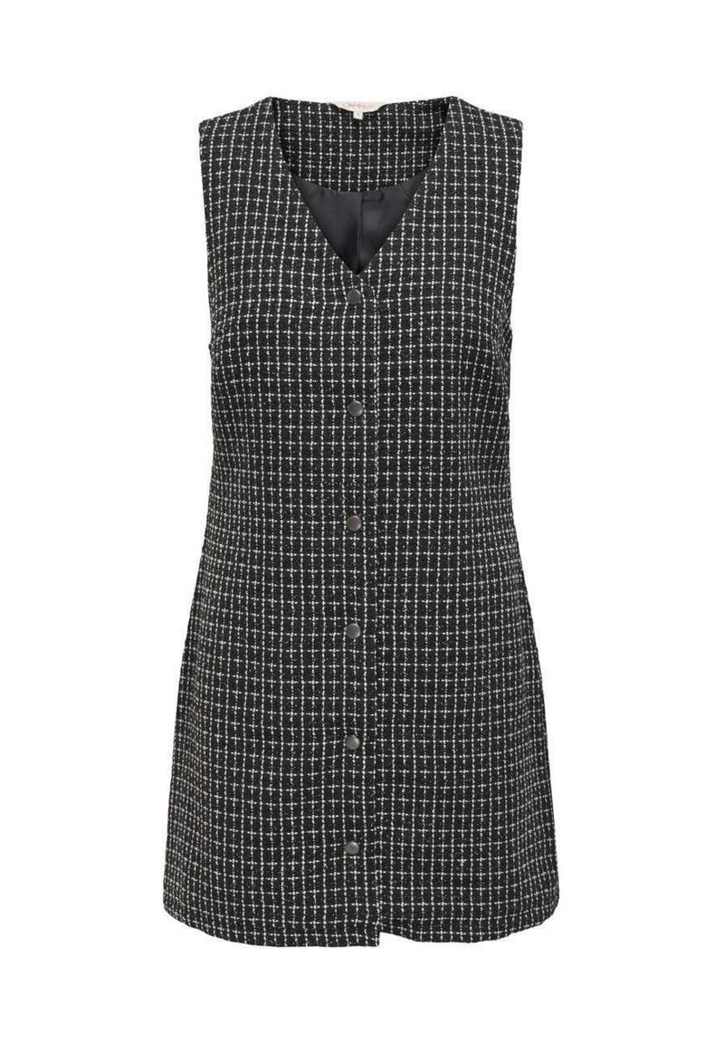 Robe sans manches en noir et blanc avec un décolleté en V et un devant boutonné, présentant un motif à carreaux texturé et une doublure intérieure lisse.