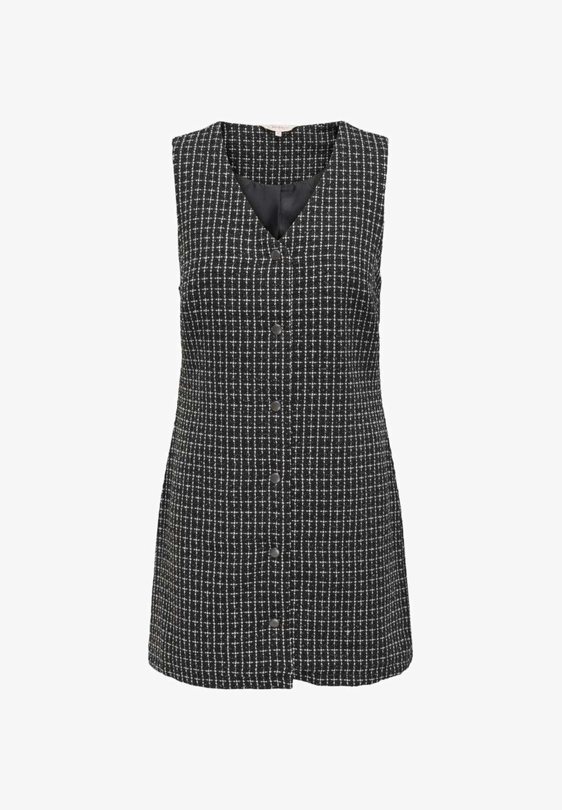 Robe sans manches en noir et blanc avec un décolleté en V et un devant boutonné, présentant un motif à carreaux texturé et une doublure intérieure lisse.