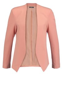 Svetle růžový sako s otevřeným předním zapínáním vyrobené z hladké tkaniny, má dlouhé rukávy a neformální siluetu bez zapínání.