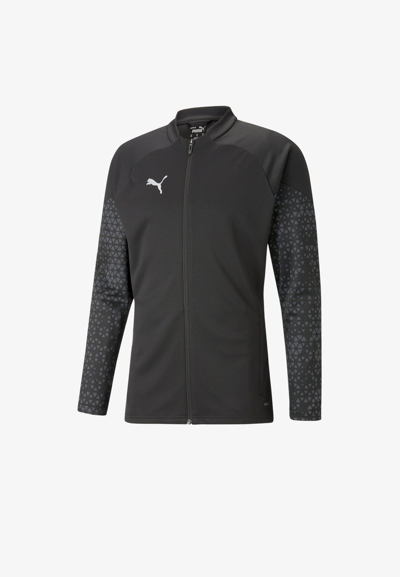 Veste zippée noire en tissu texturé, ornée d'un motif géométrique sur les manches et d'un petit logo blanc sur la poitrine.