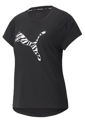 Czarny t-shirt Puma z logo skaczącego kota w paski zebry z przodu i krótkimi rękawami.