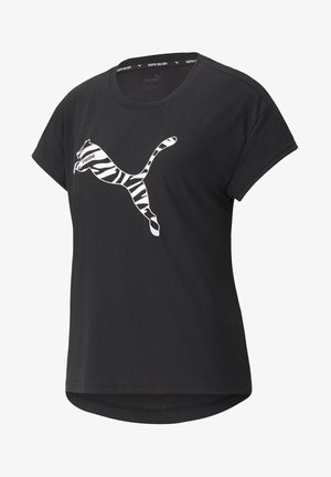 Sort Puma t-shirt med zebra-stribet springende kat-logo foran og korte ærmer.