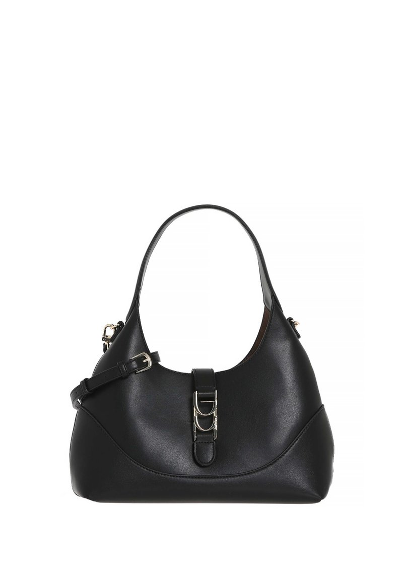 Borsa a tracolla in pelle nera dalla forma arrotondata, con un manico singolo, tracolla regolabile e dettagli in metallo argentato sulla parte anteriore.