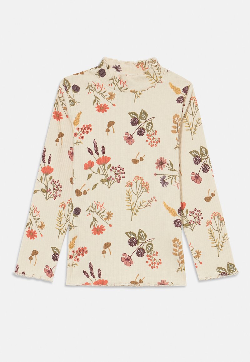 Maglietta a maniche lunghe, a costine, di un beige cremoso con un motivo floreale che presenta accenti rosa, viola e verde. Orlo sfrangiato e design con collo alto.