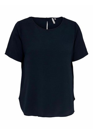 Czarna bluzka z krótkim rękawem, okrągłym dekoltem i małym zapięciem na guzik z tyłu.