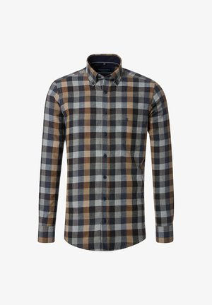 Check shirt featuring a plaid pattern in brown, gray, and black. Long sleeves, button-down collar, and a chest pocket with logo.