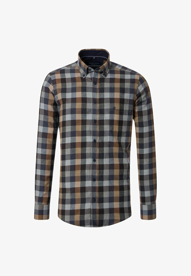 Long-sleeve checkered shirt in shades of brown, gray, and blue; button-up front; collar; chest pocket; cotton material with smooth texture.