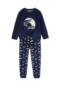 Navy blue fleece pajamas set featuring a long-sleeve top with a space shuttle graphic, and patterned pants with rockets and planets.