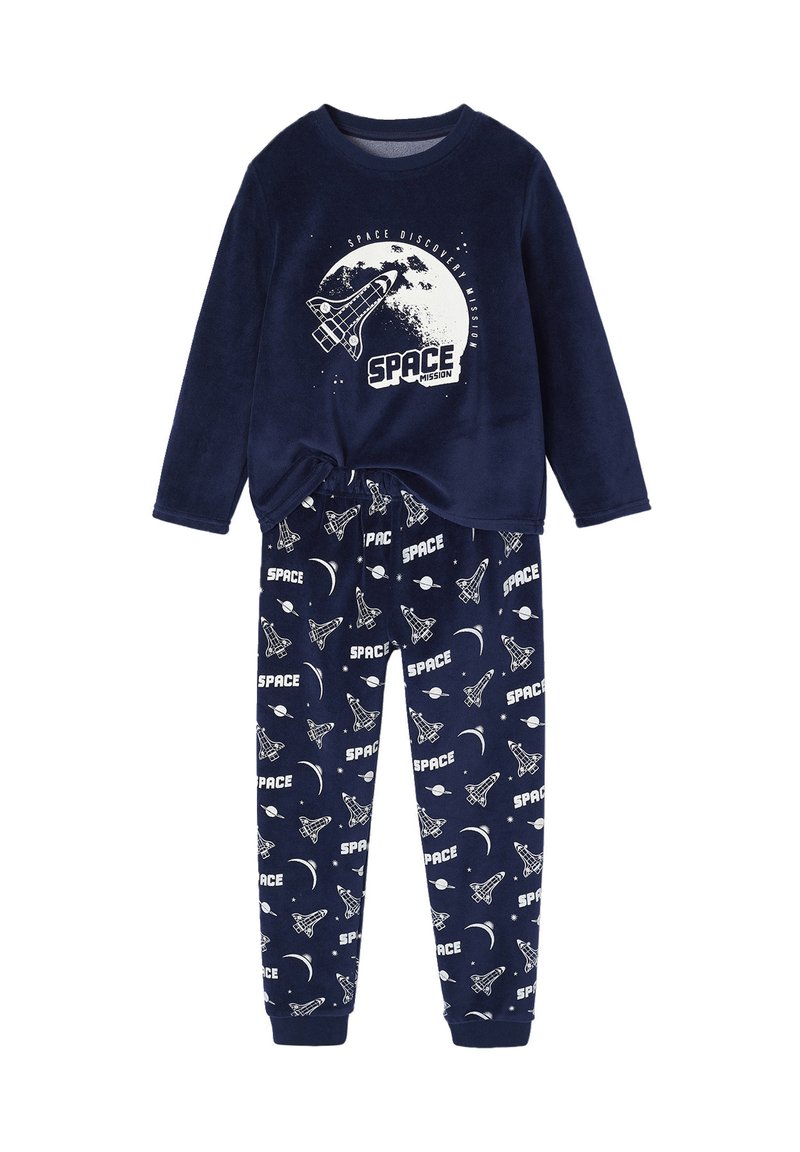 Navy blue fleece pajamas set featuring a long-sleeve top with a space shuttle graphic, and patterned pants with rockets and planets.