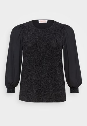 Schwarzes Top mit einem glänzenden, strukturierten Oberteil, rundem Ausschnitt und langen puffärmeligen Ärmeln mit eng anliegenden Bündchen.