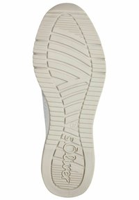 Suola in gomma bianca con scanalature e rilievi testurizzati, dotata di logo e indicazioni di taglia, progettata per aderenza e durata.