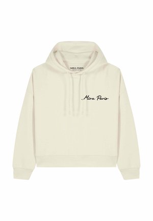 Cremefarbener Hoodie mit Kapuze und Kordeln, schwarzer „Mira Paris“-Schriftzug auf der linken Brust, aus Bio-Baumwolle. Keine sichtbaren Personen.