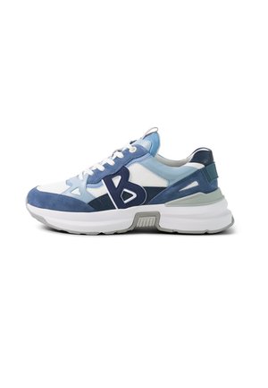 Low-top sneaker with blue, white, and gray panels, thick white sole, white laces, and large dark blue "B" on side.
