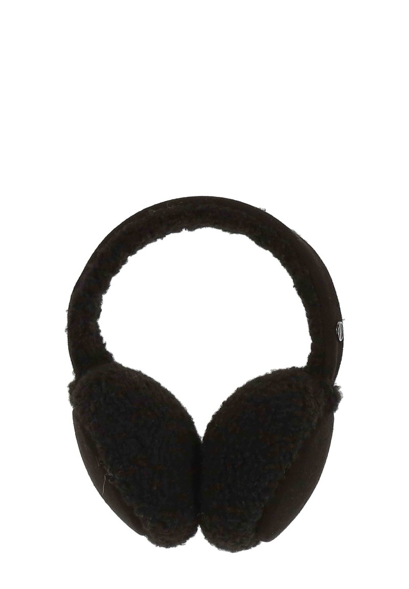 Cuffie in pelliccia marrone con un design circolare, texture morbida e una fascia imbottita per il comfort. Dettagli in metallo sui lati.