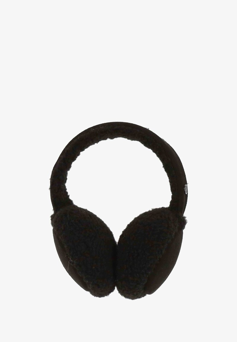 Orejeras de forro marrón con un diseño circular, textura suave y una banda para la cabeza acolchada para mayor comodidad. Detalles metálicos en el costado.