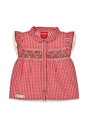 Rote und weiße karierte Babybluse mit herzförmigen Knöpfen, Blumenstickerei, Rüschenärmeln und einem Peter-Pan-Kragen mit Spitzenbesatz.