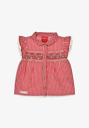 Rote und weiße karierte Babybluse mit herzförmigen Knöpfen, Blumenstickerei, Rüschenärmeln und einem Peter-Pan-Kragen mit Spitzenbesatz.