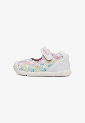 Scarpa Mary Jane bianca per bambini con motivi a cuori multicolori, suola in gomma e cinturino regolabile con Velcro.