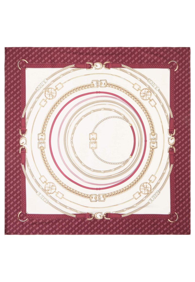 Zijden sjaal met een bordeauxrode achtergrond en een patroon van verstrengelde gouden en rode kettingen met verschillende texturen en hardwaredetails.