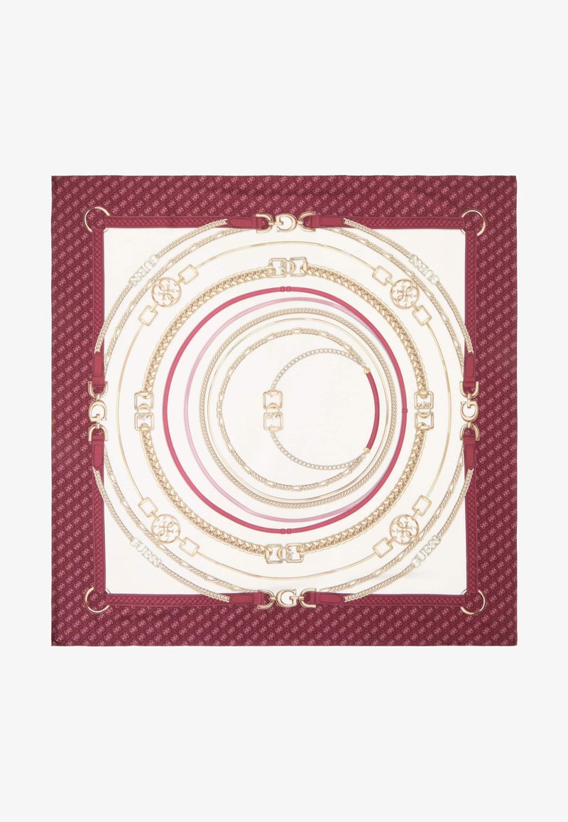 Zijden sjaal met een bordeauxrode achtergrond en een patroon van verstrengelde gouden en rode kettingen met verschillende texturen en hardwaredetails.