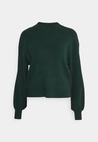 Tummanvihreä, neulottu neule, jossa korkea kaulus, lasketut olkapäät ja pitkät, hieman puffatut hihat. Rentoutunut istuvuus ja resorit helmassa ja hihansuissa.