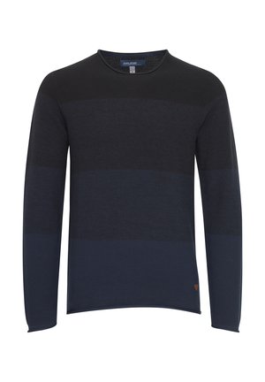 Trikotāža džemperis ar apaļu kakla izgriezumu, ar tumši pelēkiem un jūras zaļa horizontāliem svītrainiem, un ar mazu logotipa uzplikumu tuvāk apakšmalai.