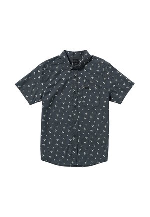 Kurzärmliges Hemd mit Knopfleiste aus dunkelgrauem Stoff, das ein sich wiederholendes Blumenmuster, einen Kragen und eine Brusttasche aufweist.