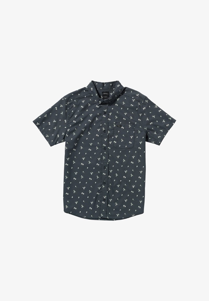 Kurzärmliges Hemd mit Knopfleiste aus dunkelgrauem Stoff, das ein sich wiederholendes Blumenmuster, einen Kragen und eine Brusttasche aufweist.