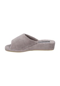 Gray corduroy slip-on slippers featuring a rounded open toe, cushioned footbed, and a low, solid light-colored sole.