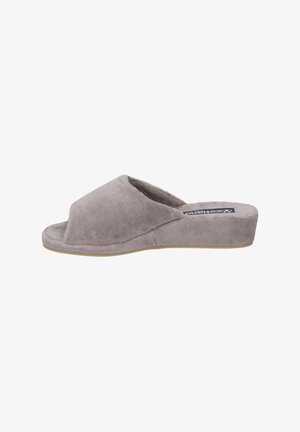 Gray corduroy slip-on slippers featuring a rounded open toe, cushioned footbed, and a low, solid light-colored sole.