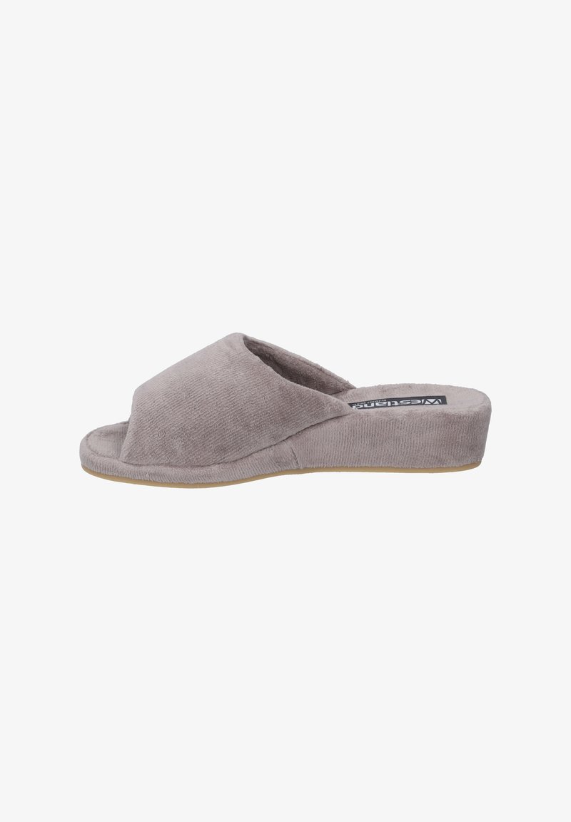 Gray corduroy slip-on slippers featuring a rounded open toe, cushioned footbed, and a low, solid light-colored sole.
