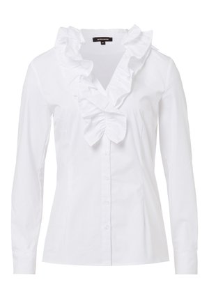 Blusa bianca a maniche lunghe con scollo a V arricciato e chiusura frontale con bottoni, silhouette aderente e dettaglio leggermente raccolto sotto il colletto.