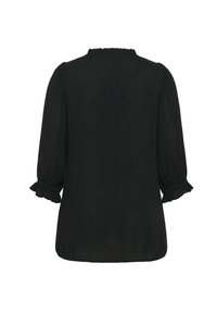 Black blouse with a relaxed fit, featuring puffed sleeves, a ruffled neckline, and elastic cuffs, made from a lightweight textured fabric.