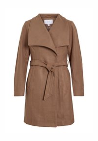 Brun ullblandad kappa med krage och band i midjan. Har en rak silhuett och två sidofickor.