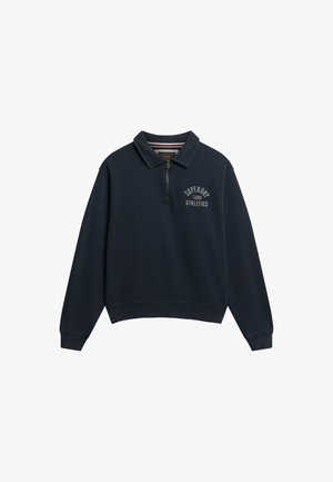 Marineblauwe pullover sweatshirt met een ritskraag, ribgebreide manchetten en zoom. Bevat een graphic "Superdry Athletics" op de borst. Zachte stoftextuur.