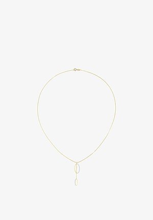 Gold necklace with a thin chain, featuring two interlocking oval pendants—one gold and one silver—hanging in the center.