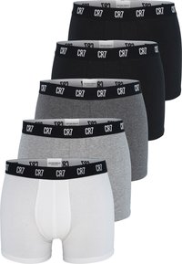 Vijf paar herenondergoed met een zwarte tailleband met "CR7" erop gedrukt. Kleuren zijn wit, zwart en grijs. Zacht materiaal, style boxers.