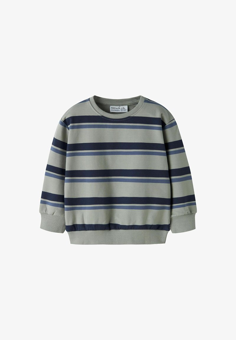 Sweat-shirt rayé gris et bleu marine à manches longues, avec poignets et ourlet côtelés, col rond et coupe décontractée.