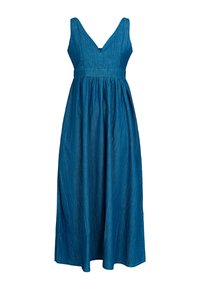 Blauwe denim maxi-jurk met een V-hals, mouwloos ontwerp en geplooide taille, met een vloeiende rok en zijsplitten.
