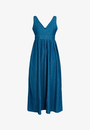 Blaues Jeans-Maxikleid mit V-Ausschnitt, ärmellosem Design und geraffter Taille, mit einem fließenden Rock und seitlichen Schlitzen.