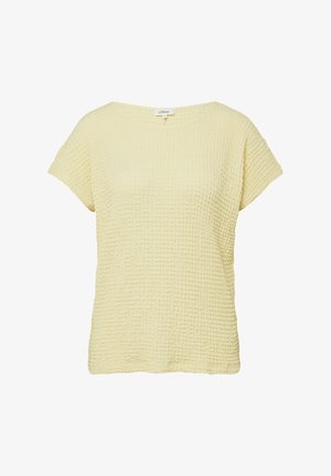 Hellgelbe, kurzärmelige, strukturierte Bluse mit rundem Ausschnitt und leicht lockerem Sitz.