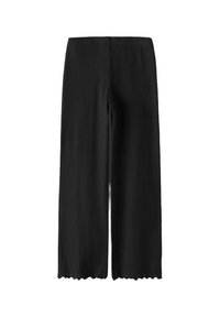 Black ribbed wide-leg pants with an elastic waistband and scalloped hem. Made of soft fabric, featuring vertical texture throughout.
