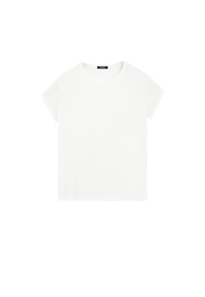 Hvid bomulds t-shirt med rund halsudskæring og korte ærmer. Enkel design, ingen mønstre eller accenter. Blød, glat tekstur.