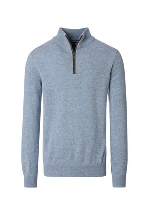 Light blue pullover sweater with a quarter-zip collar. Made of soft fabric, featuring ribbed cuffs and hem, and a subtle texture throughout.