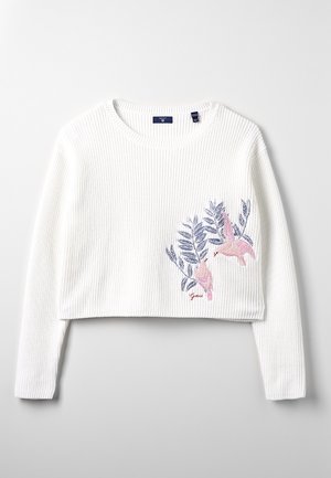 Witte geribbelde cropped trui met geborduurde roze vogels en blauwe bladeren aan de voorkant, met een ronde hals en lange mouwen.