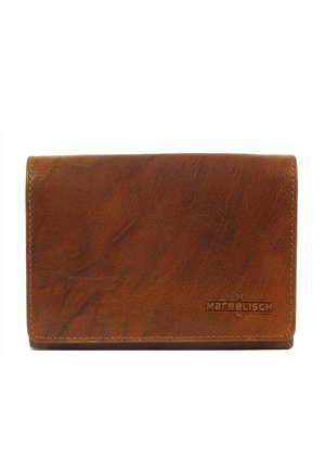 Brown leather wallet with a textured finish, featuring stitched edges and a debossed logo on the front. Classic rectangular shape.