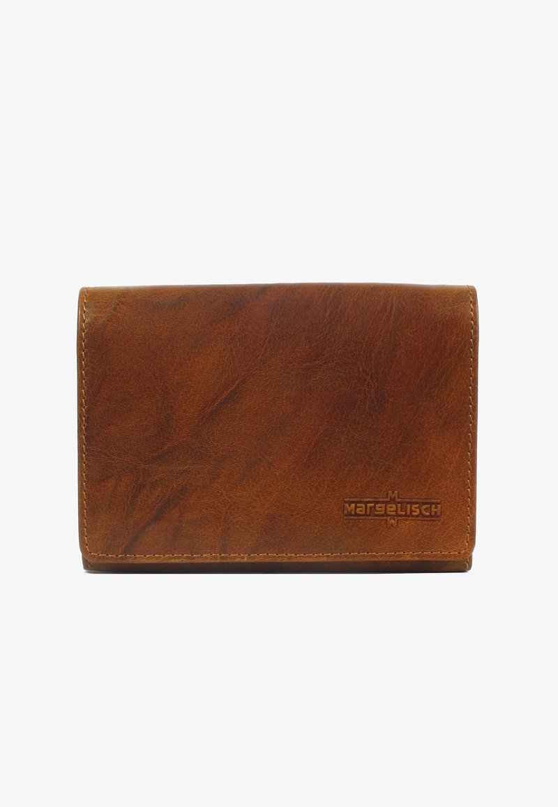 Brown leather wallet with a textured finish, featuring stitched edges and a debossed logo on the front. Classic rectangular shape.